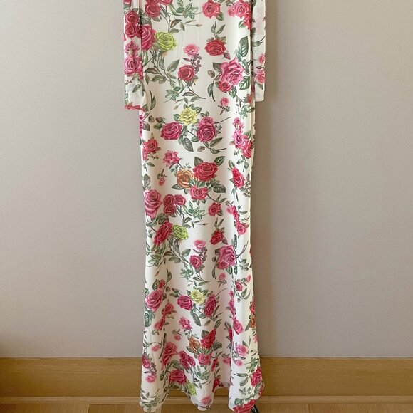 Anthropologie AFRM Off-The-Shoulder Maxi Dress Pink Roses Body-Con XXS Petite - Picture 9 of 10